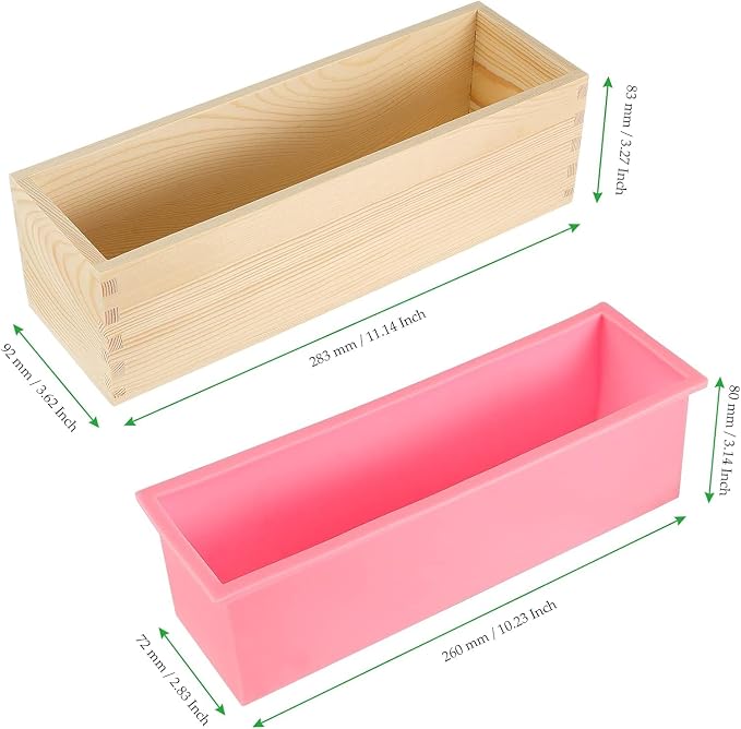 3PCS 47oz Silicone Soap Kit, Pink Rectangular Silicone Loaf Soap Making with 3 Wooden Boxes and 3 Lids, DIY Supplies for Soap Making