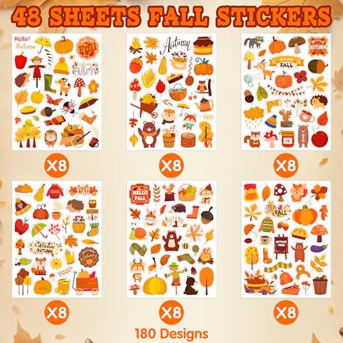 LINAYE 48 Sheets Fall Stickers for Kids 1440Pcs Autumn Leaves Stickers Bulk