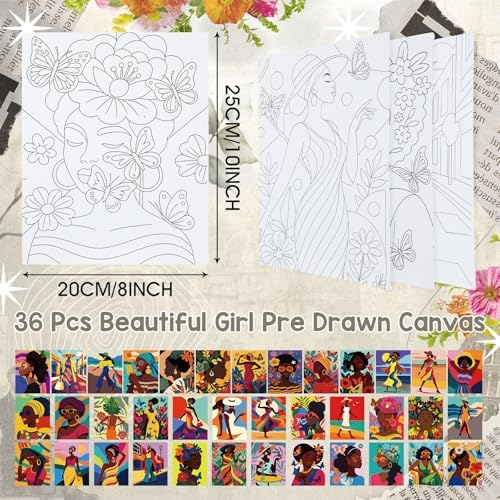 Harloon 36 Pcs 8 x 10 Inch Pre Drawn Canvas for Painting Afro Flower Butterfly Queen Pre Stretched Canvas Painting for Adults Outline for Sip and Paint Party Supplies Favor