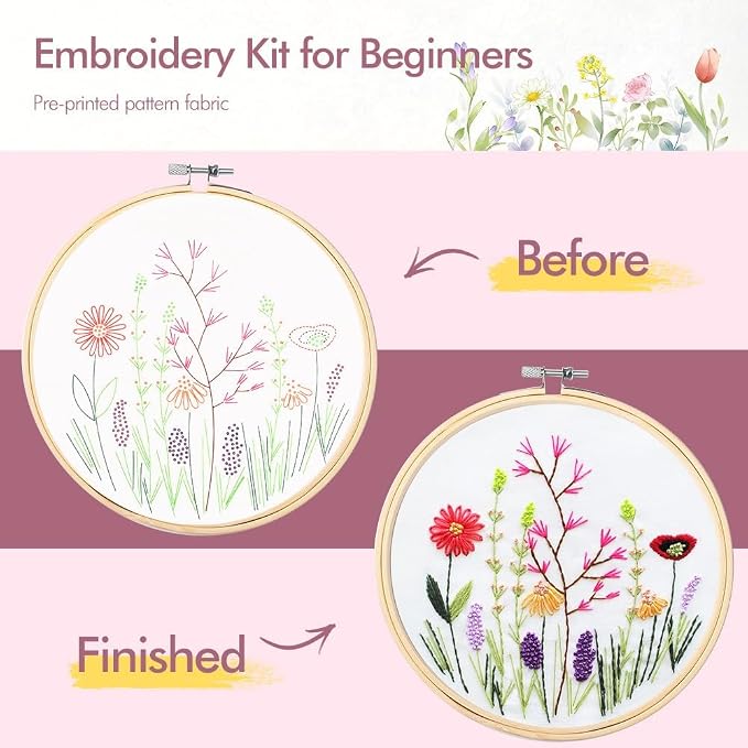 wtisan 4 Pack Embroidery kit for Beginners Cross Stitch Kits for Adults | DIY Needlepoint Kits with Flower Patterns, Embroidery Tools, Threads, Step by Step Instructions, Hand Craft Lover Gift