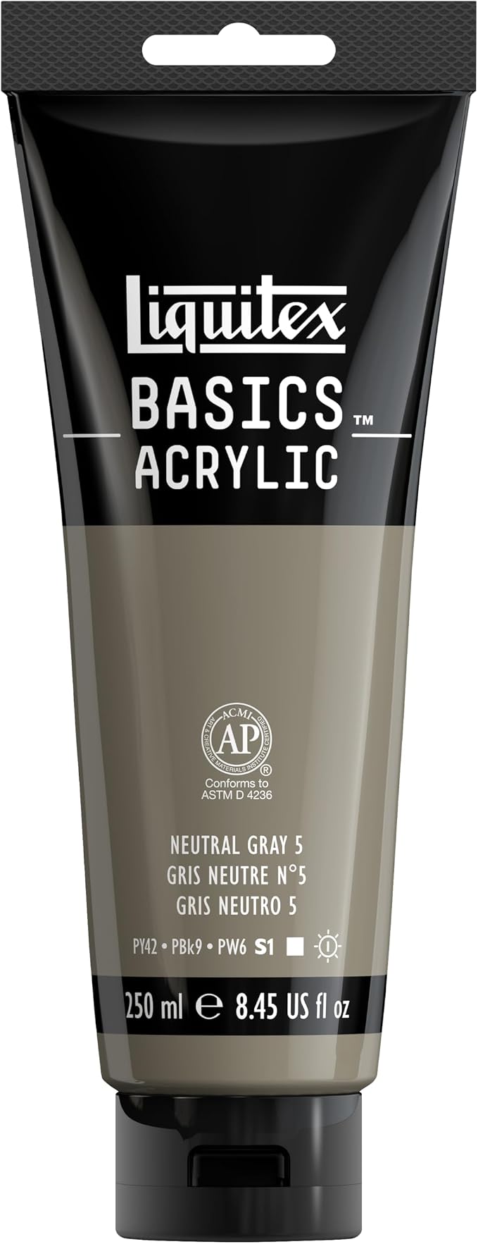 Liquitex BASICS Acrylic Paint, 8.5-oz Tube, Neutral Gray Value 5 | Medium Viscosity, Satin Finish, Lightfast, Fine Art Pigments, Range of Opacities, Easy Blending