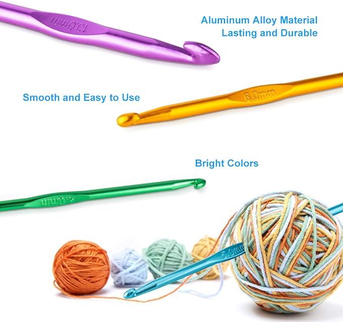 Vodiye 14 Sizes Crochet Hooks Set 2.0–10.0mm, Colorful Metal Crochet Needles, Ergonomic for Comfortable Crocheting