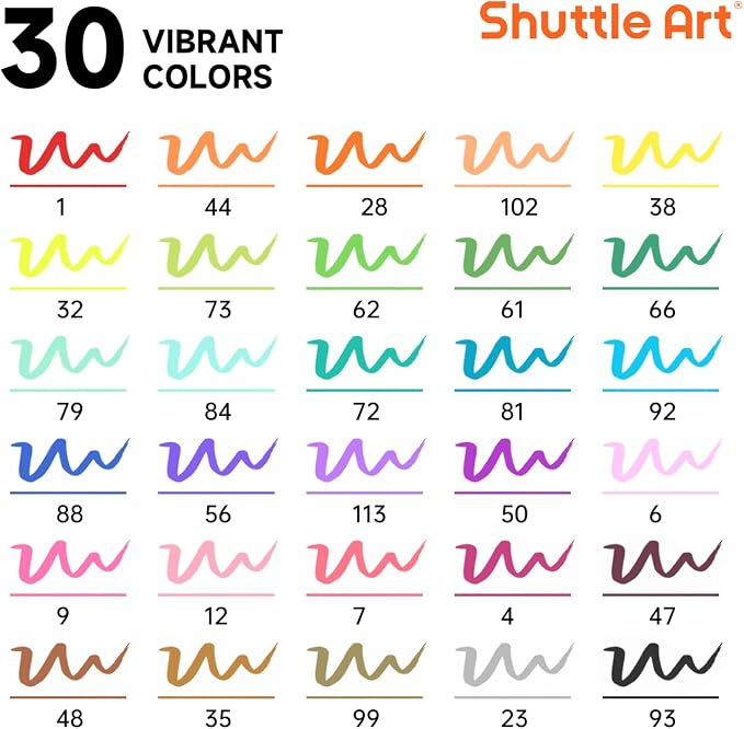 Shuttle Art Dual Tip Brush Marker Pens 30 Colors Water-based Ink | Double-ended with Fine Tip & Brush Tip, Great for Hand Lettering, Drawing, Bullet Journal and DIY Crafts for All Skill Levels