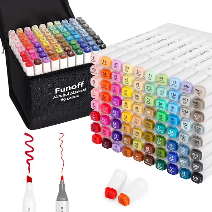 Funoff Alcohol Markers 80 Colors Fine & Chisel Dual Tip Art Marker Set | Permanent Coloring Markers with Carrying Case for Adult Coloring Drawing Sketching Illustration