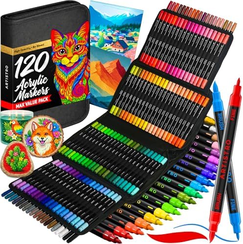 ARTISTRO Acrylic Paint Markers, Dual-Tip Paint Pens, Black 120 Pack