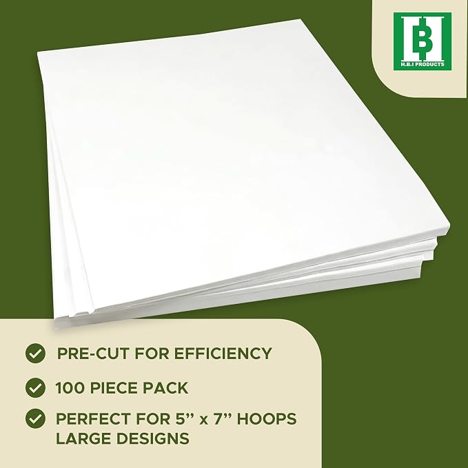 HBI Cut Away Embroidery Stabilizer Sheets, 10 x 12 in, 100 Pack | 2.5 oz precut cutaway backing, 5x7 hoops, knit and stretch fabrics, prevents puckering, machine embroidery, USA made