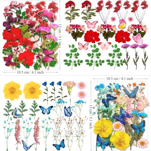 MIKIYA 103Pcs Dried Pressed Flowers with Butterfly Stickers for Resin Molds, Real Natural Bulk Dry Floral Leave for DIY Art Crafts, Epoxy Jewelry, Candle, Soap Making, Nails Decors