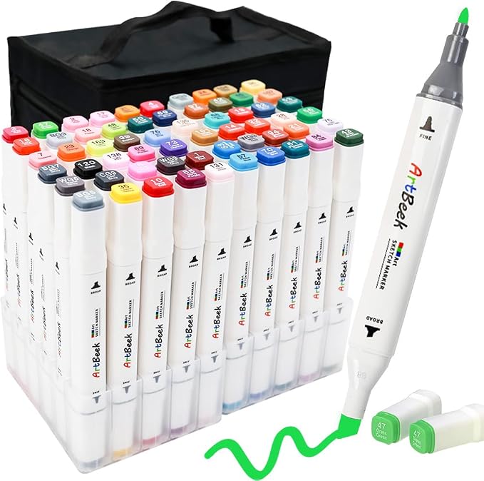 ArtBeek 60 Color Alcohol Markers Set, Coloring Markers for Adult Coloring Books No Bleeding, Dual Tip (Chisel & Fine Tip)