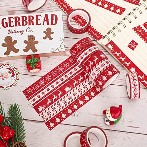Whaline 12 Rolls Christmas Washi Tapes Red White Decorative Tape Assorted Xmas Patterns Holiday Masking Tapes for Christmas Scrapbook Journal Calendar DIY Craft Gift Wrapping, 16.4ft x 0.6