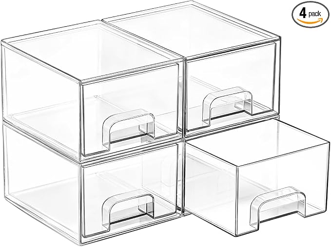 Vtopmart 4 Pack Small Clear Stackable Storage Drawers, Fits Narrow Spaces | Multi-Use Plastic Bins for Bathroom Cabinet Organizer, Makeup, Desk, Vanity, Undersink, Medicine ,Keeps Small Items Organized