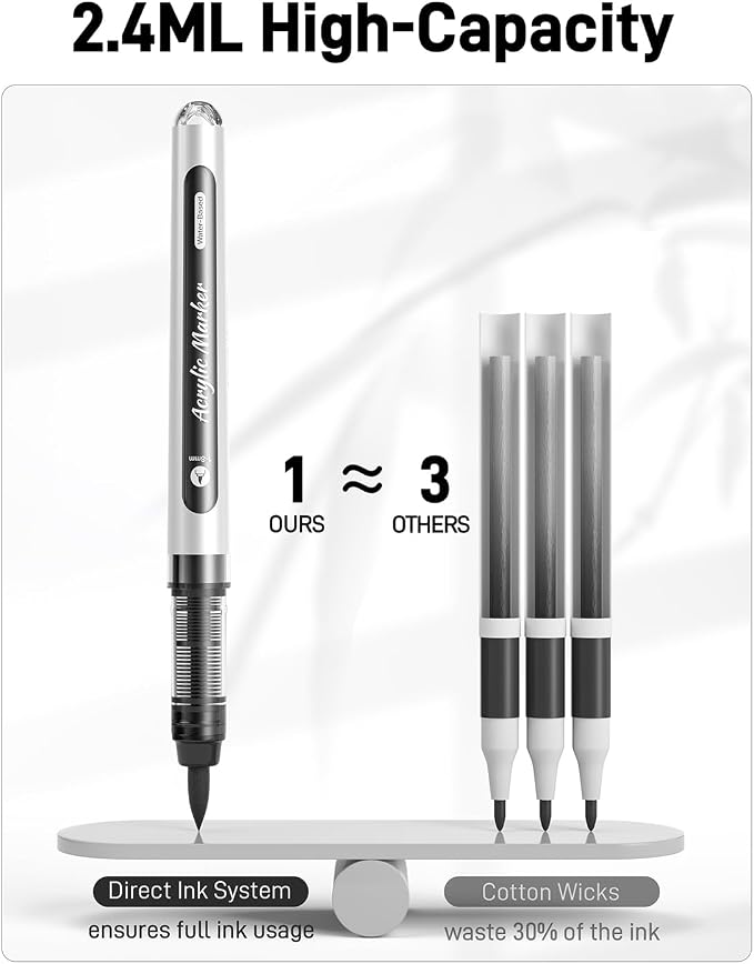 JusArt 3 Black Acrylic Paint Markers Brush Tip, Automatic Ink Control