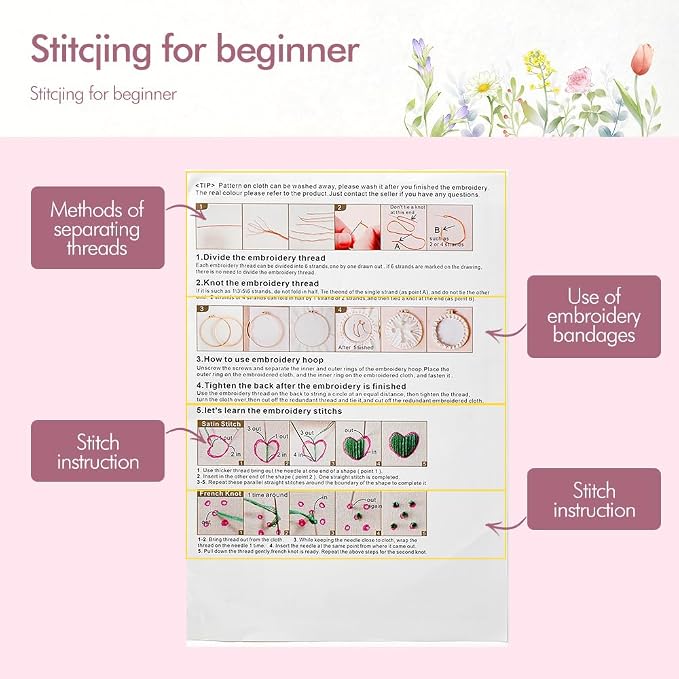 Embroidery Kit, 4 Pack Embroidery Kit for Beginners with Flower Pattern | Cross Stitch Starter Kits for Adults,Hand Embroidery Kit, Stitches Practice, Hand Craft Lover