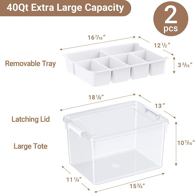 80Qt Stackable Storage Bins with Lids Trays Craft Box Organizers, 2Pack,WH