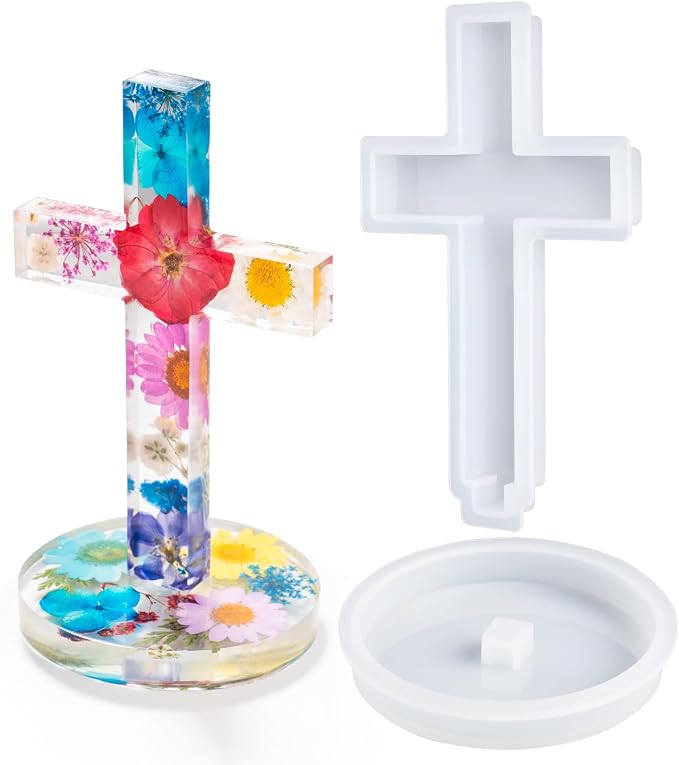 HeyClear Cross Resin Molds with Base, Standing Cross Silicone Molds for Resin Casting, Flower Preservation