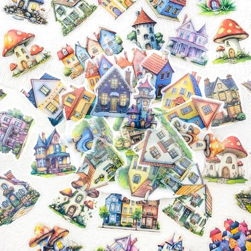 50PCS Fairy Tale Cottage Stickers – Waterproof Clear Stickers of Whimsical Fantasy Houses, Mushroom Homes & Vintage Storybook Buildings for Scrapbooking, Journaling, Art Crafts,Water Bottle, Laptop