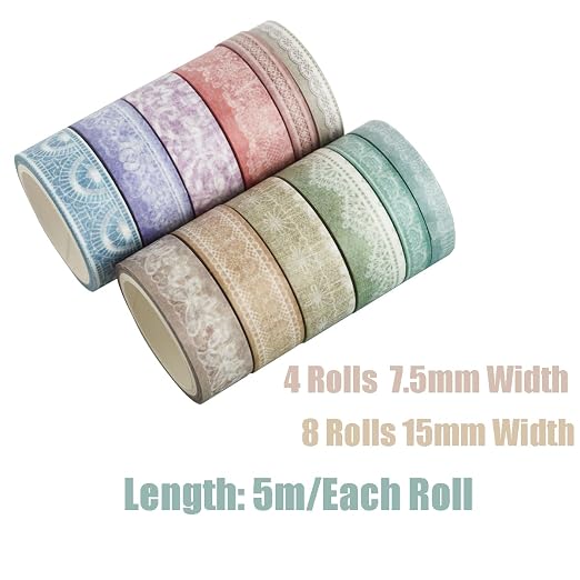 Lace Patterns Washi Tape Set 12 Rolls Decorative Paper Sticker | for Planner Scrapbook Journal DIY Arts Craft