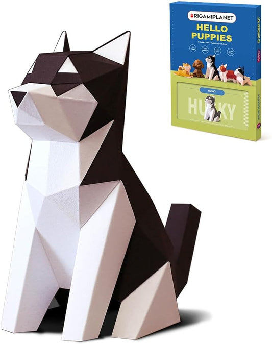 Husky 3D Origami Paper Craft Kit, Easy DIY Pre-Cut Dog Paper Sculpture Model for Adults, Cute Animal Handmade Home Decor Papercraft Gift Set for Beginners