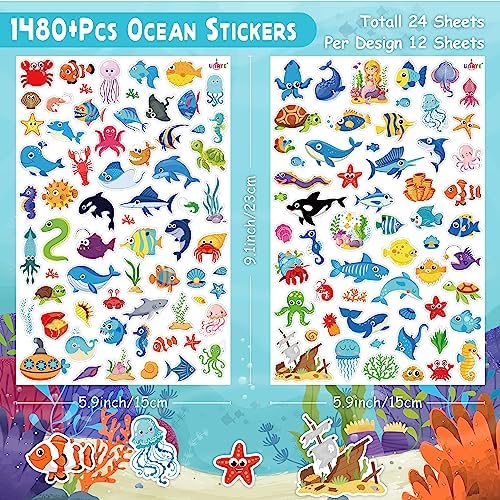 LINAYE 1480PCS Ocean Stickers for Kids, 24 Sheets, Vinyl, Waterproof Under The Sea Fish Animal Stickers for Ocean Sea Party Favors, Scrapbooking, Water Bottles