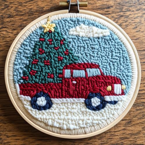 DIY Punch Needle Kits Christmas Truck Christmas Tree with Hoop 20x20cm-2