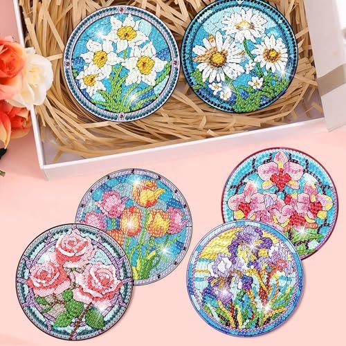 Diamond Art Coasters Kit, 8 Pieces Flowers Diamond Painting Coasters Kit