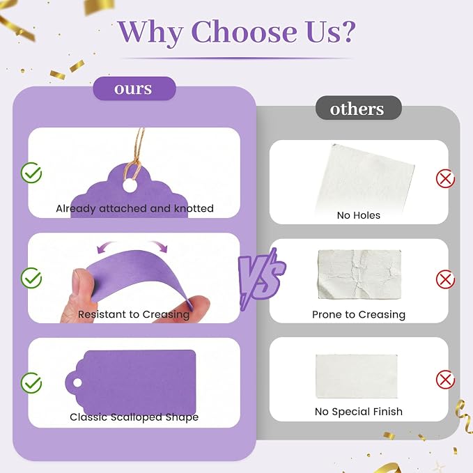 SallyFashion 170 PCS Gift Tags with String Attached, 1.8X3.4 inch | Multicolored Hanging Tags Purple Gray White, Wedding Birthday Holiday Party Favors