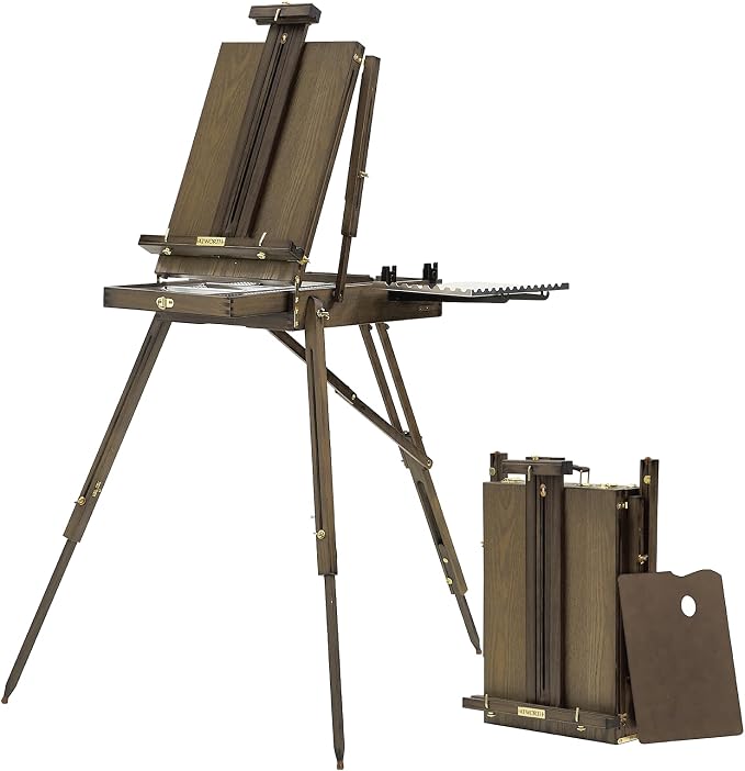 French Easel for Painting: Deluxe Beech Wood Plein Air Easel Stand with Metal Side Tray - Portable Sketchbox for Outdoor Field & Studio - Holds Canvas up to 34"- Gray Walnut