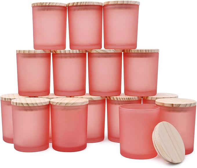 SHOWIN Thick Candle Jars for Making Candles 16 Pcs, 7 OZ Empty Jars with Wood Lids for Candle Making, Sample Container, Frosted Pink