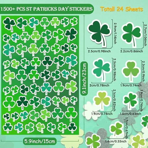 LINAYE St. Patrick's Day Stickers & Labels Bulk, 1500PCS Shamrock Stickers for Kids & Adults, 24 Sheets for Cards & Envelopes, Party Supplies