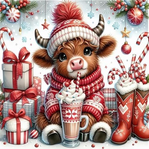 Christmas Diamond Art Kits for Adults,Cow Diamond Painting 13.8 x 13.8 Inch