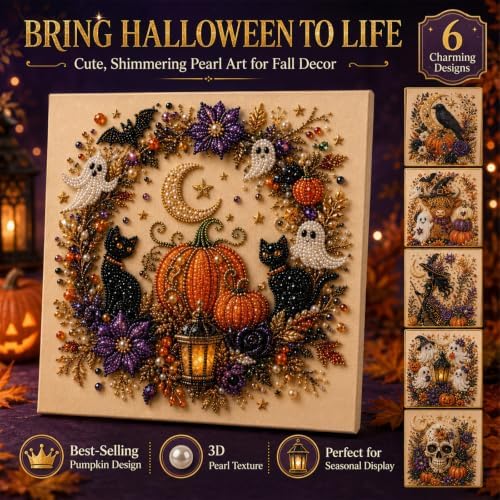 Halloween Pearl Art Kit for Adults 3D Diamond Painting DIY Craft Bead Mosaic with Ghost Pumpkin Witch Raven Skull Cow Design Options for Spooky Seasonal Home Decor and Creative Holiday Activity