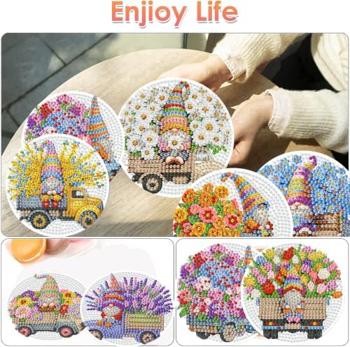 ijbnhd 8 PCS Gnome Diamond Art Coasters Kit 4X4inch (Cork Wooden Pad)