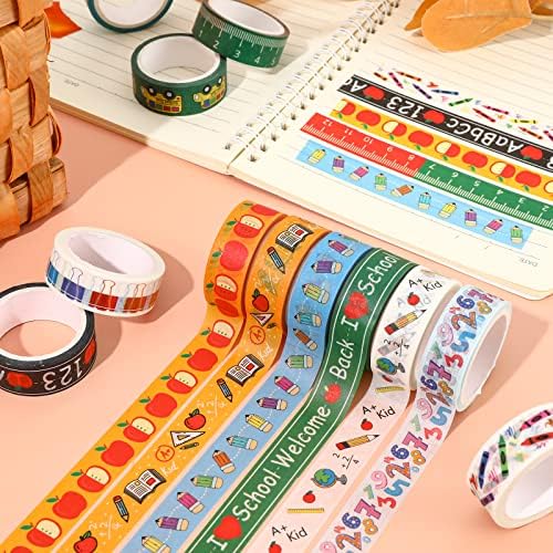 Whaline 12 Rolls Back to School Washi Tape Colorful Welcome Back to School Washi Masking Tape School Bus Ruler Crayon Decorative Paper Stickers for Scrapbook Gift Wrapping DIY Art Crafts