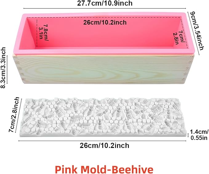 Loaf Soap Making Kit, 44oz Silicone Soap Making Liner Wood Box with Beehive & Hexagon & Rose Mat Creative Honeycomb Mat Mold for DIY Soap Making (Purple & Pink) (Pink Mold-Beehive)