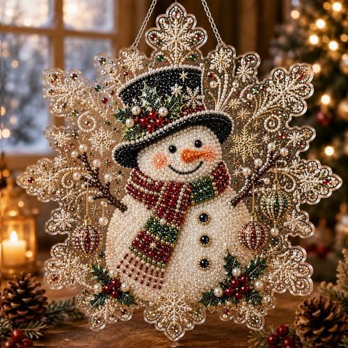LJSCQF Christmas Pearl Diamond Painting Suncatcher Kit, DIY Craft | Pre-Assembled Metal Chain, Acrylic Snowflake Shape Board with Lace Edge, 3D Mixed-Sized Pearl Beads Craft (Style D, 12IN)