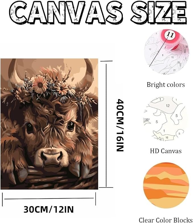 Mosaflare Highland Cow Paint by Numbers for Adults Beginner 12X16 inch | Animals Adult Paint by Number Kits on Canvas, DIY Acrylic Oil Easy Painting by Numbers for Home Wall Decor (Without Frame)