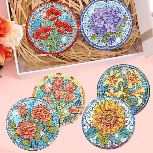 Meothan 8 Pcs Flowers Diamond Art Coasters Kit for Adults with Holder 4x4in