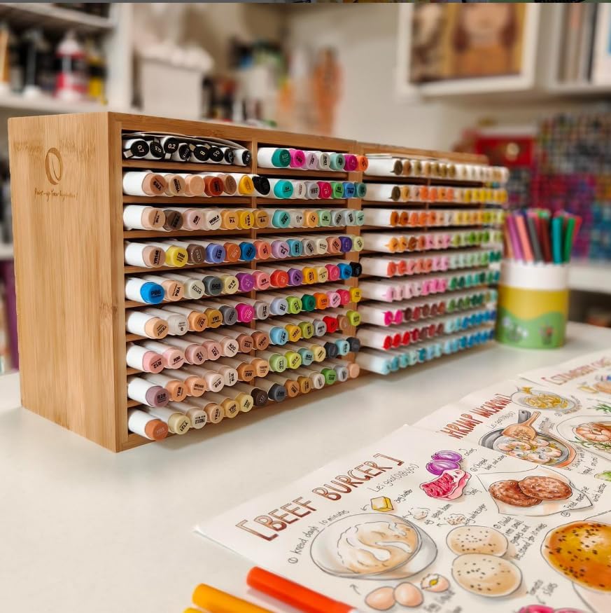 Ohuhu Bamboo Marker Organizer, Wooden Desktop Storage Holds 126 Markers