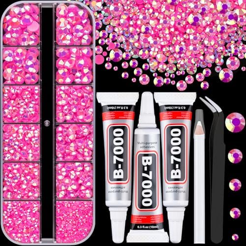Resin Rhinestones for Crafting with 3Pcs 10ml B7000 Jewelry Glue, 1 Box Hot Pink AB Flatback Gems Crystals Diamond for Bedazzling Crafts DIY Nail Art Makeup, Gems for Clothing Tumblers Shoes