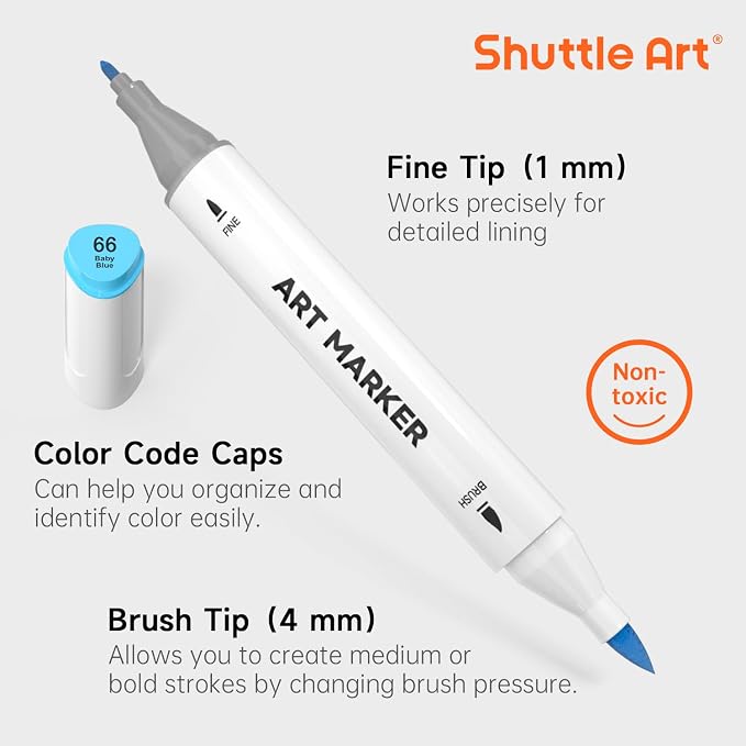 Shuttle Art Brush Tip Alcohol Markers, Dual Tip Brush & Fine Tip Art Marker Set, 24 Colors Marker Pens with Case Perfect for Illustration Kids Students Adults Coloring Sketching