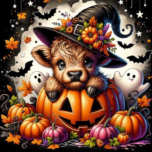 WNPOKN Halloween Highland Cow Diamond Art Kits for Adults