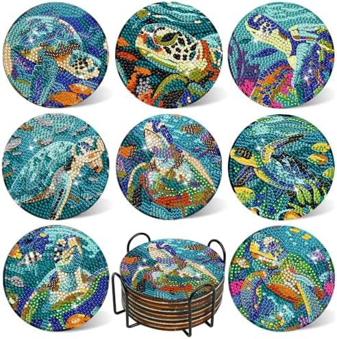 DOTSOPS 8 Pcs Ocean Diamond Art Coasters Kits for Adults with Holder 4 in
