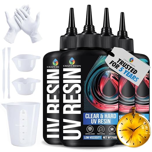 CRAFT RESIN 1000g UV Resin Kit Hard Type Low Viscosity – Crystal Clear and No-Yellowing UV Resin Glue for DIY, Jewelry Making, Molds Casting and Polymer Clay Projects - Fast Cure Under UV Light