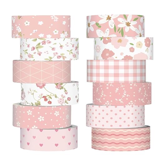 12 Rolls Floral Washi Tape Set,Pink,Sweet | Watercolor Flowers Design for Scrapbook Journal DIY Craft School Supplies, 15 mm Vintage Decorative Masking Washi Tapes