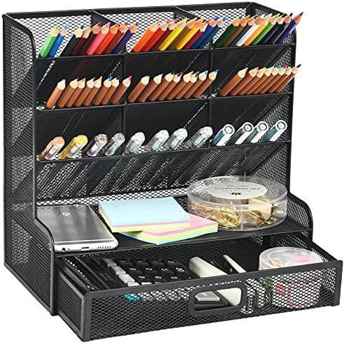 Marbrasse Mesh Pen Holder for Desk, Multi-Functional Pencil Organizer with Drawer, Desk Organizers and Accessories for Office Art Supplies (Large Black)