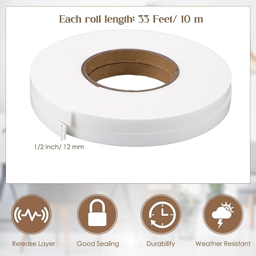 Tatuo 2 Rolls Double Sided Foam Tape for Mounting,1/2 Inch by 33 Feet,White