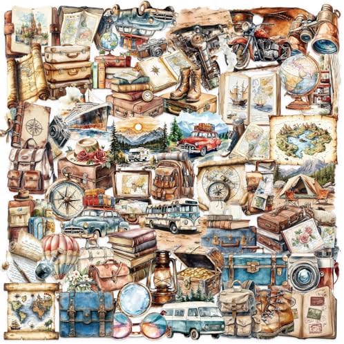 50PCS Vintage Travel Adventure Clear Scrapbook Stickers – Retro Outdoor Expedition Aesthetic, Waterproof Decorative Antique Decals for Journaling, Luggage, Laptop, Art Ablum Supplies