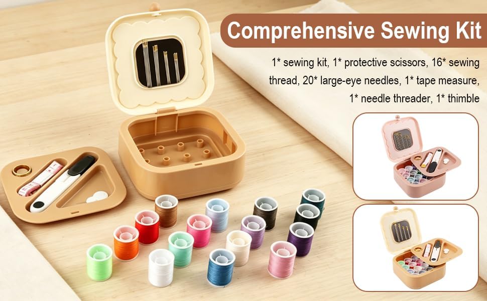 Portable Sewing Kit for Adults and Beginners, 41 Pcs Needle and Thread Set with Storage Case for Clothing Repair, Buttons and Small Tears, Includes Needles, Thread, Scissors and Tape Measure, Brown