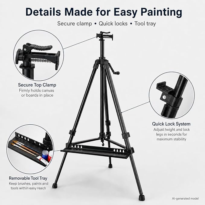 RRFTOK 21-61 Inch Adjustable Art Easel Stand for Painting with Tray | Portable metal easel with paintbrush tray for painting, canvas holder, artists, adults and floor use