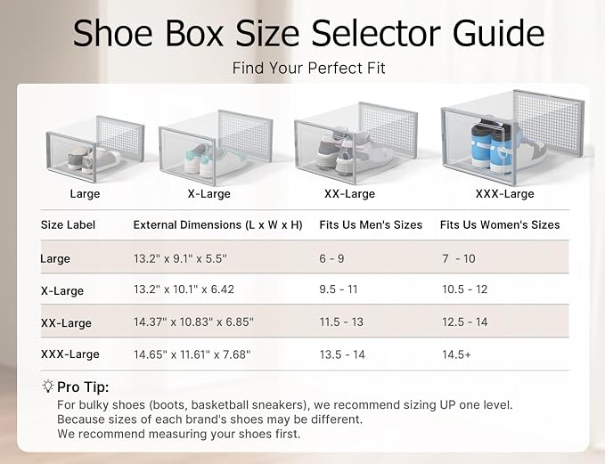 Kuject XX-Large Shoe Storage Boxes 12 Pack, Clear Stackable Shoe Organizer