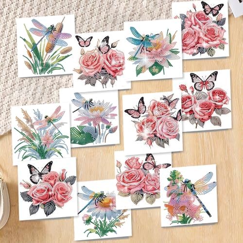 C'eitura 12Pcs Butterfly & Dragonfly Diamond Art Painting Greeting Card Kit with Envelopes, DIY Nature Theme Christmas Birthday Thanksgiving Card Making Set, Garden Inspired Handmade Card Craft